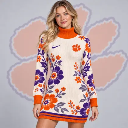 Clemson Tigers | Premium NCAA Women's Vintage Floral Knit Turtleneck Long Sleeve Bodycon Sweater Mini Dress NDN