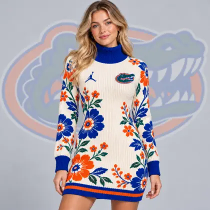 Florida Gators | Premium NCAA Women's Vintage Floral Knit Turtleneck Long Sleeve Bodycon Sweater Mini Dress NDN