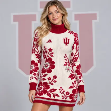 Indiana Hoosiers | Premium NCAA Women's Vintage Floral Knit Turtleneck Long Sleeve Bodycon Sweater Mini Dress NDN