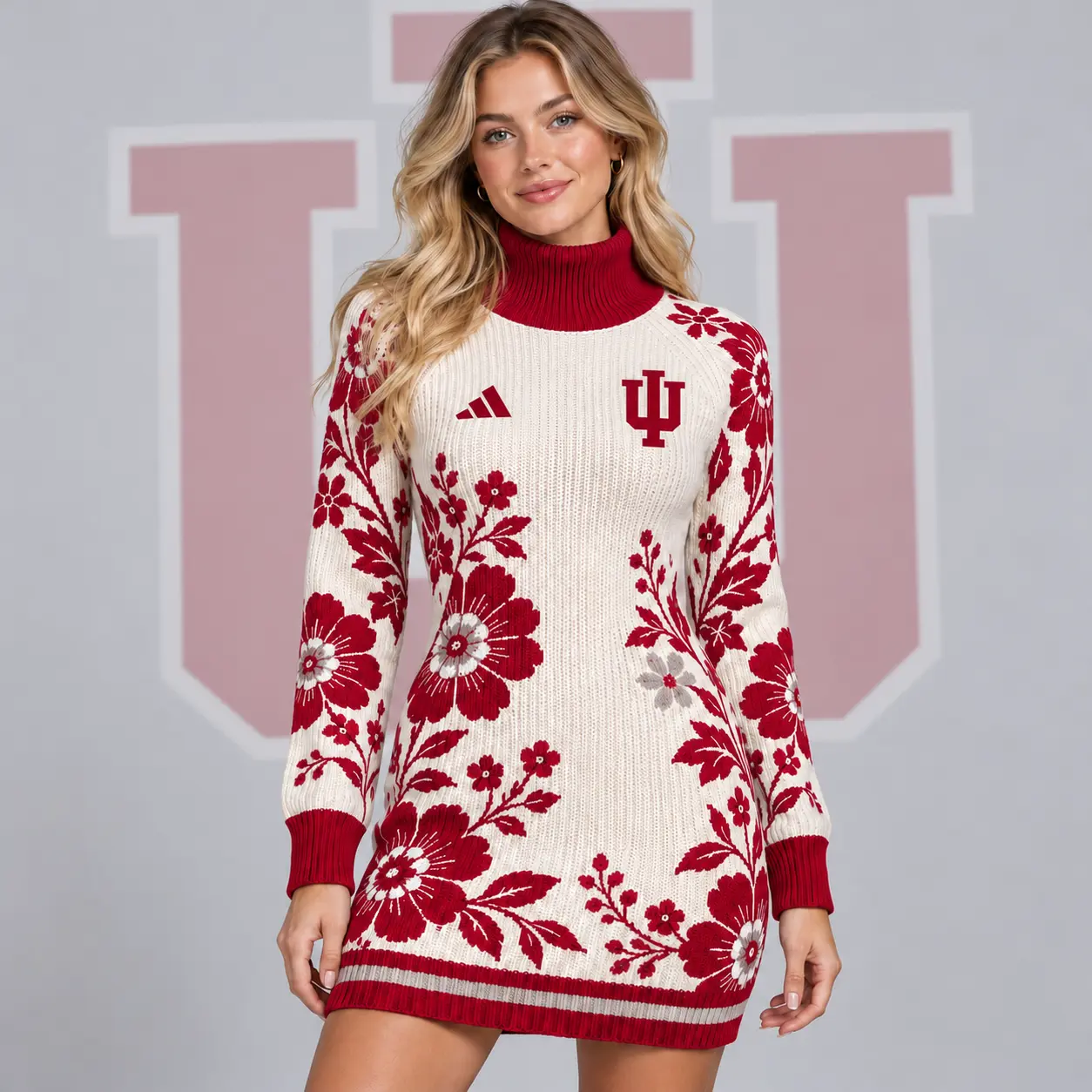 Indiana Hoosiers | Premium NCAA Women's Vintage Floral Knit Turtleneck Long Sleeve Bodycon Sweater Mini Dress NDN