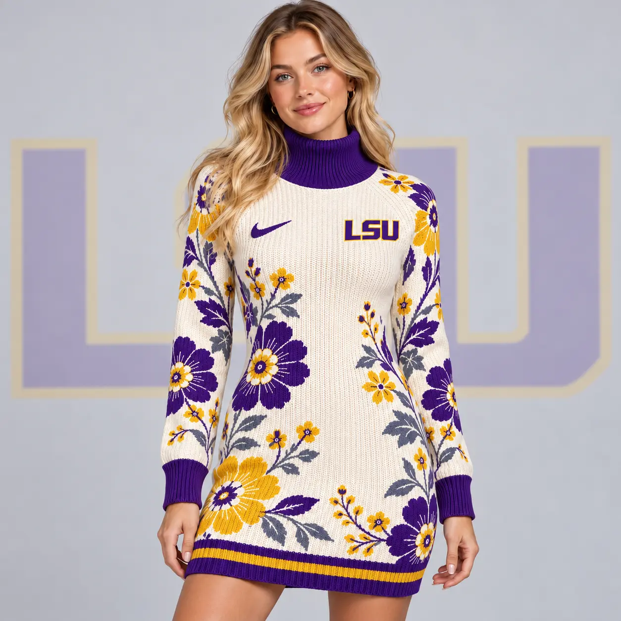 Lsu Tigers | Premium NCAA Women's Vintage Floral Knit Turtleneck Long Sleeve Bodycon Sweater Mini Dress NDN