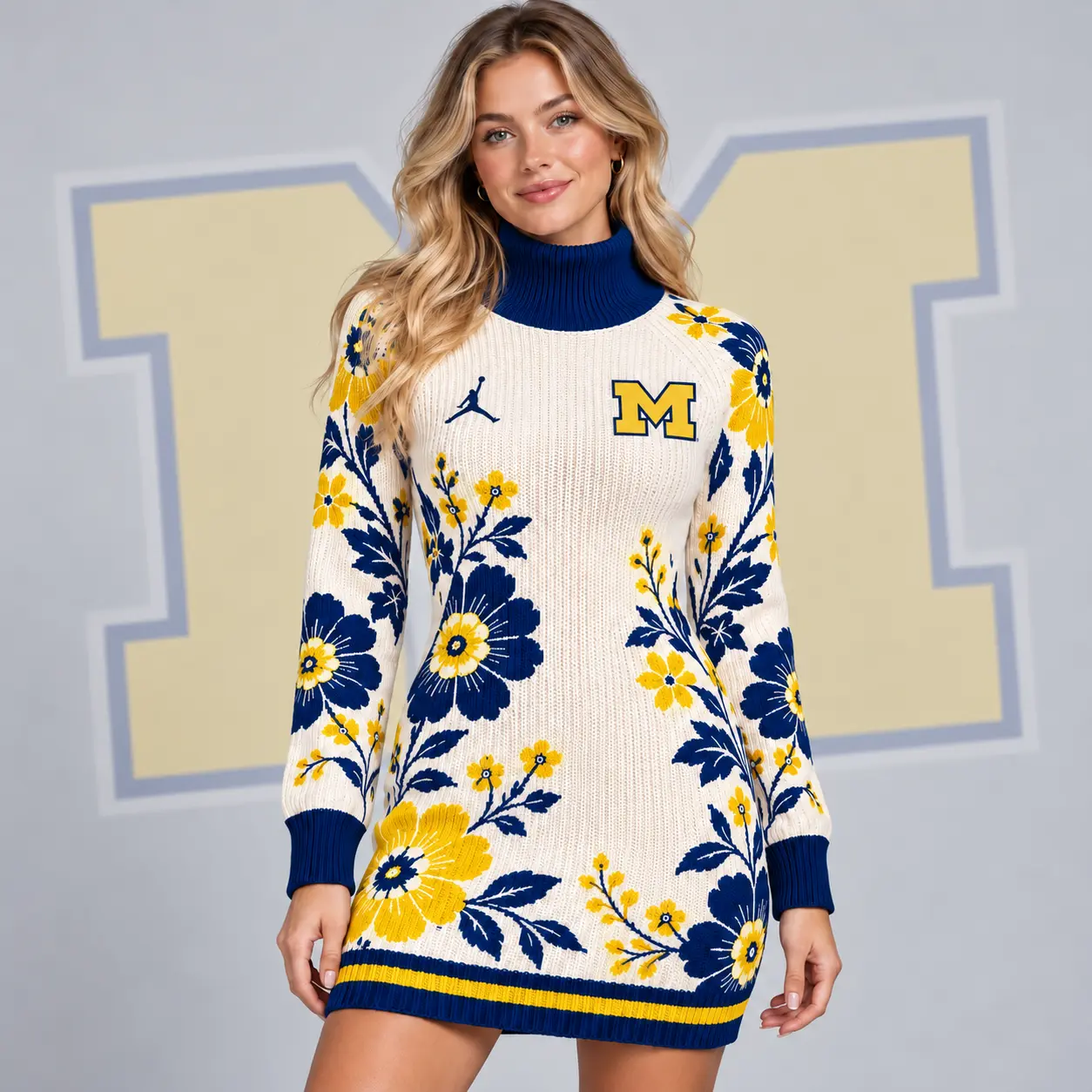 Michigan Wolverines | Premium NCAA Women's Vintage Floral Knit Turtleneck Long Sleeve Bodycon Sweater Mini Dress NDN