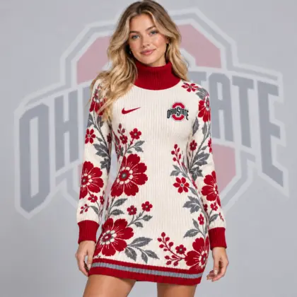 Ohio State Buckeyes | Premium NCAA Women's Vintage Floral Knit Turtleneck Long Sleeve Bodycon Sweater Mini Dress NDN