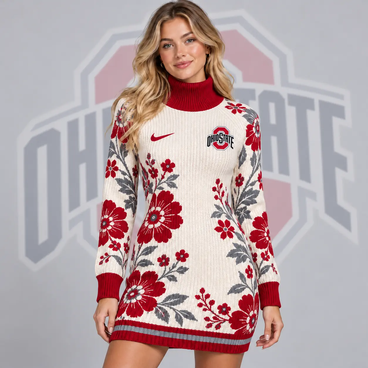 Ohio State Buckeyes | Premium NCAA Women's Vintage Floral Knit Turtleneck Long Sleeve Bodycon Sweater Mini Dress NDN