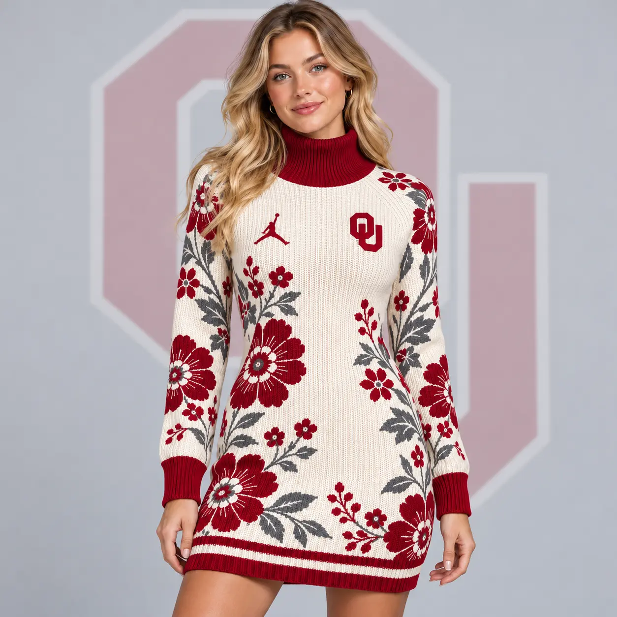 Oklahoma Sooners | Premium NCAA Women's Vintage Floral Knit Turtleneck Long Sleeve Bodycon Sweater Mini Dress NDN