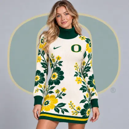 Oregon Ducks | Premium NCAA Women's Vintage Floral Knit Turtleneck Long Sleeve Bodycon Sweater Mini Dress NDN