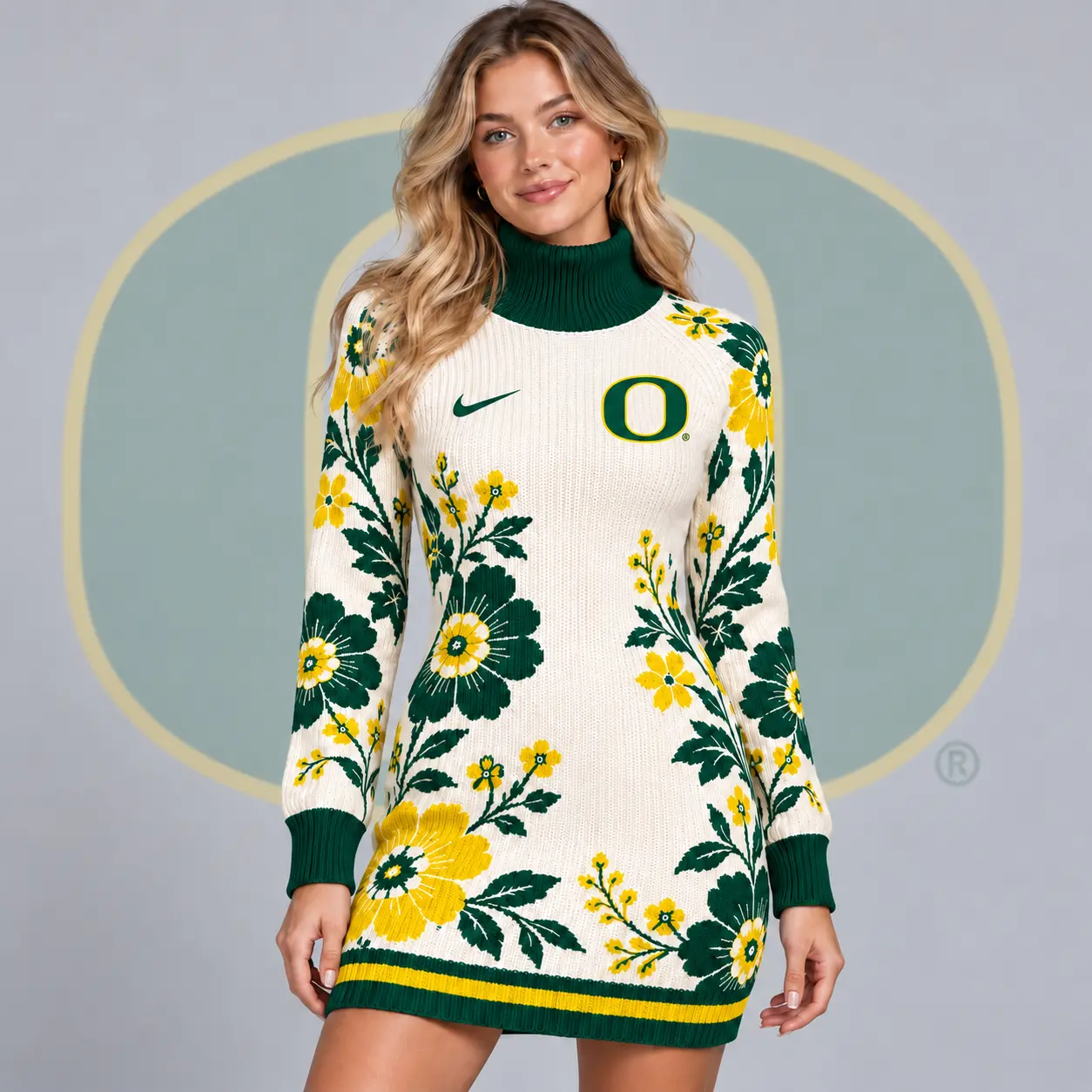 Oregon Ducks | Premium NCAA Women's Vintage Floral Knit Turtleneck Long Sleeve Bodycon Sweater Mini Dress NDN