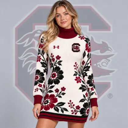 South Carolina Gamecocks | Premium NCAA Women's Vintage Floral Knit Turtleneck Long Sleeve Bodycon Sweater Mini Dress NDN