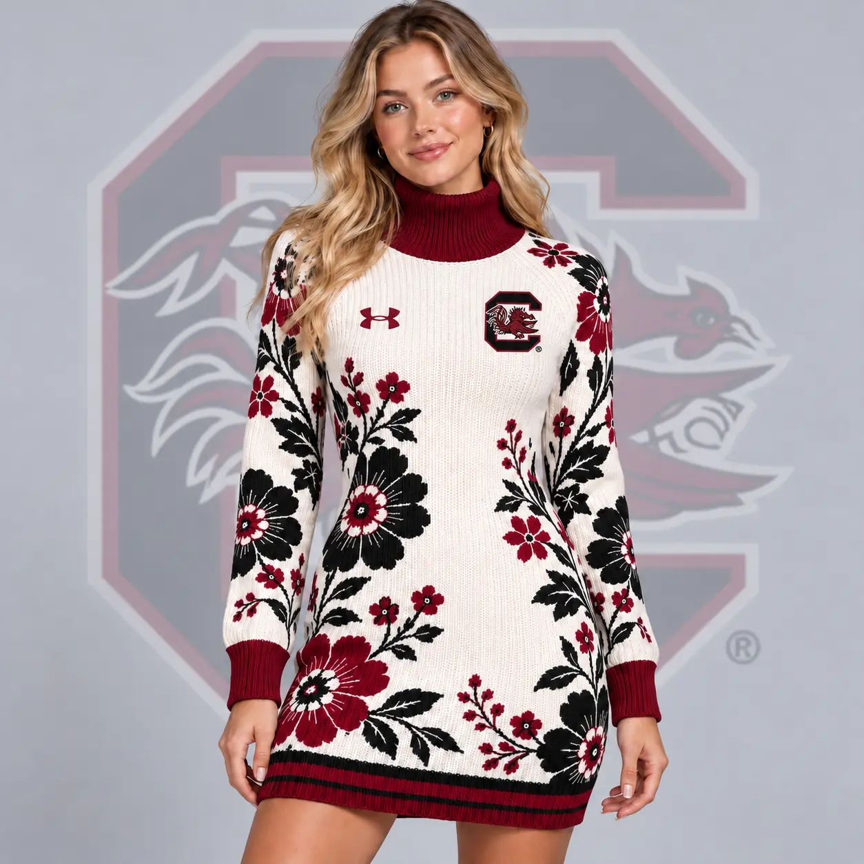 South Carolina Gamecocks | Premium NCAA Women's Vintage Floral Knit Turtleneck Long Sleeve Bodycon Sweater Mini Dress NDN