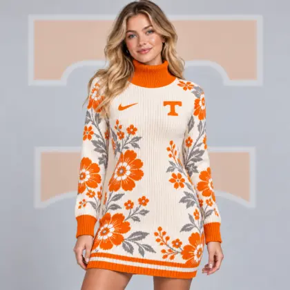 Tennessee Volunteers | Premium NCAA Women's Vintage Floral Knit Turtleneck Long Sleeve Bodycon Sweater Mini Dress NDN