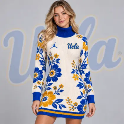 Ucla Bruins | Premium NCAA Women's Vintage Floral Knit Turtleneck Long Sleeve Bodycon Sweater Mini Dress NDN