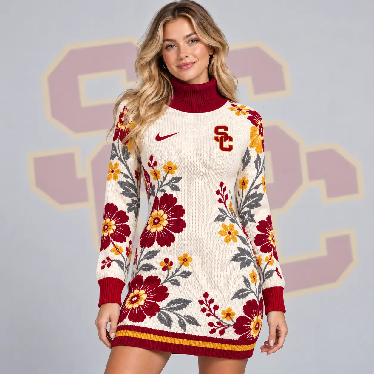 Usc Trojans | Premium NCAA Women's Vintage Floral Knit Turtleneck Long Sleeve Bodycon Sweater Mini Dress NDN