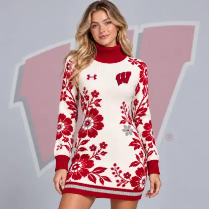 Wisconsin Badgers | Premium NCAA Women's Vintage Floral Knit Turtleneck Long Sleeve Bodycon Sweater Mini Dress NDN