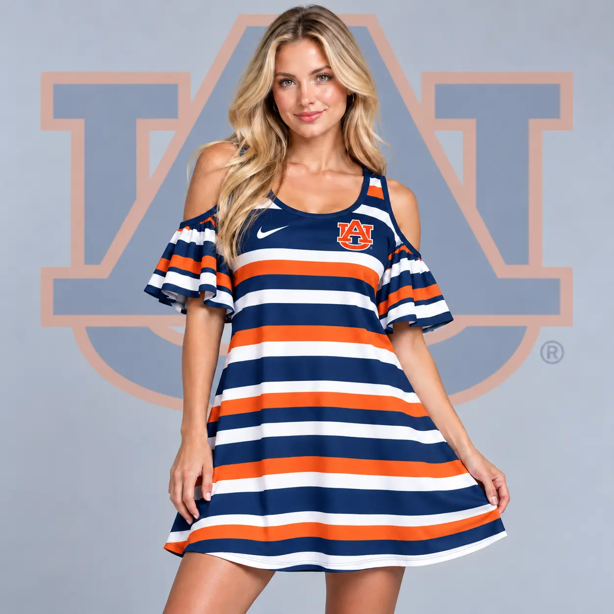 Auburn Tigers | Premium NCAA Women's Casual Striped Cold Shoulder Ruffle Sleeve A Line Mini Dress NDN
