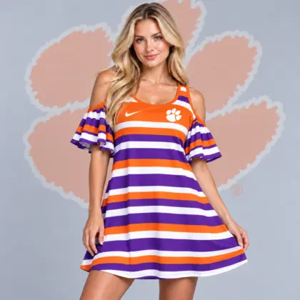 Clemson Tigers | Premium NCAA Women's Casual Striped Cold Shoulder Ruffle Sleeve A Line Mini Dress NDN