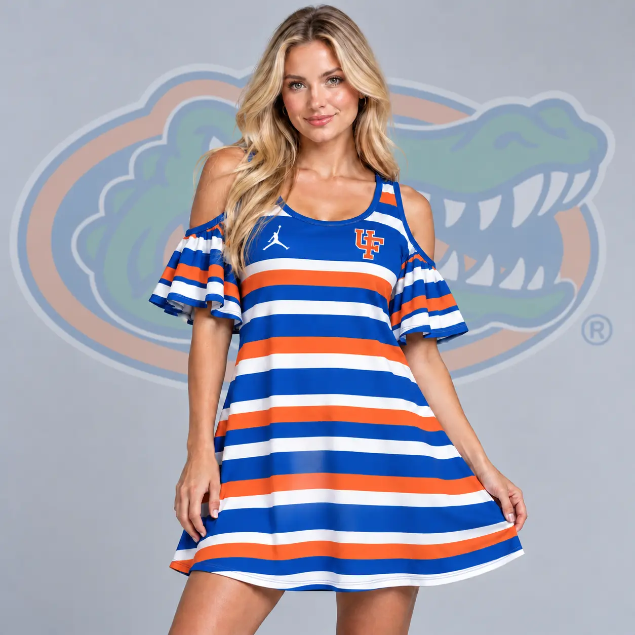 Florida Gators | Premium NCAA Women's Casual Striped Cold Shoulder Ruffle Sleeve A Line Mini Dress NDN