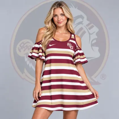 Florida State Seminoles | Premium NCAA Women's Casual Striped Cold Shoulder Ruffle Sleeve A Line Mini Dress NDN