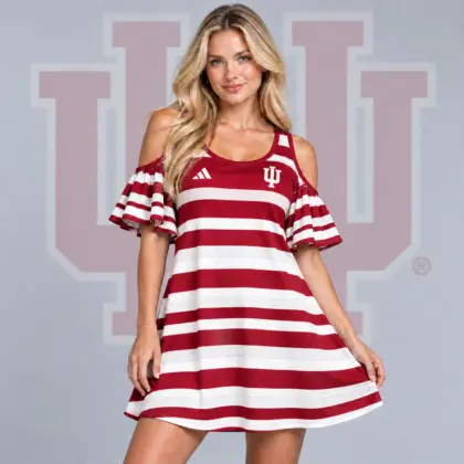 Indiana Hoosiers | Premium NCAA Women's Casual Striped Cold Shoulder Ruffle Sleeve A Line Mini Dress NDN