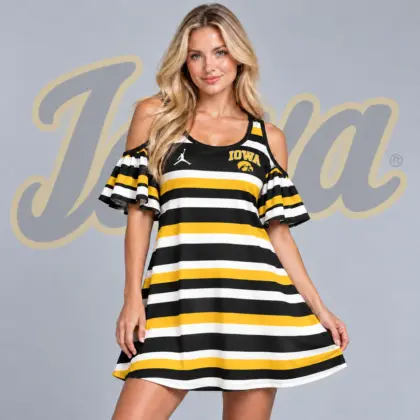 Iowa Hawkeyes | Premium NCAA Women's Casual Striped Cold Shoulder Ruffle Sleeve A Line Mini Dress NDN