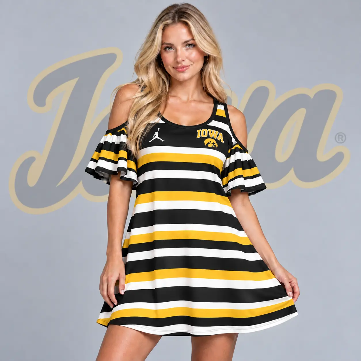 Iowa Hawkeyes | Premium NCAA Women's Casual Striped Cold Shoulder Ruffle Sleeve A Line Mini Dress NDN