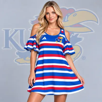 Kansas Jayhawks | Premium NCAA Women's Casual Striped Cold Shoulder Ruffle Sleeve A Line Mini Dress NDN