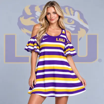Lsu Tigers | Premium NCAA Women's Casual Striped Cold Shoulder Ruffle Sleeve A Line Mini Dress NDN