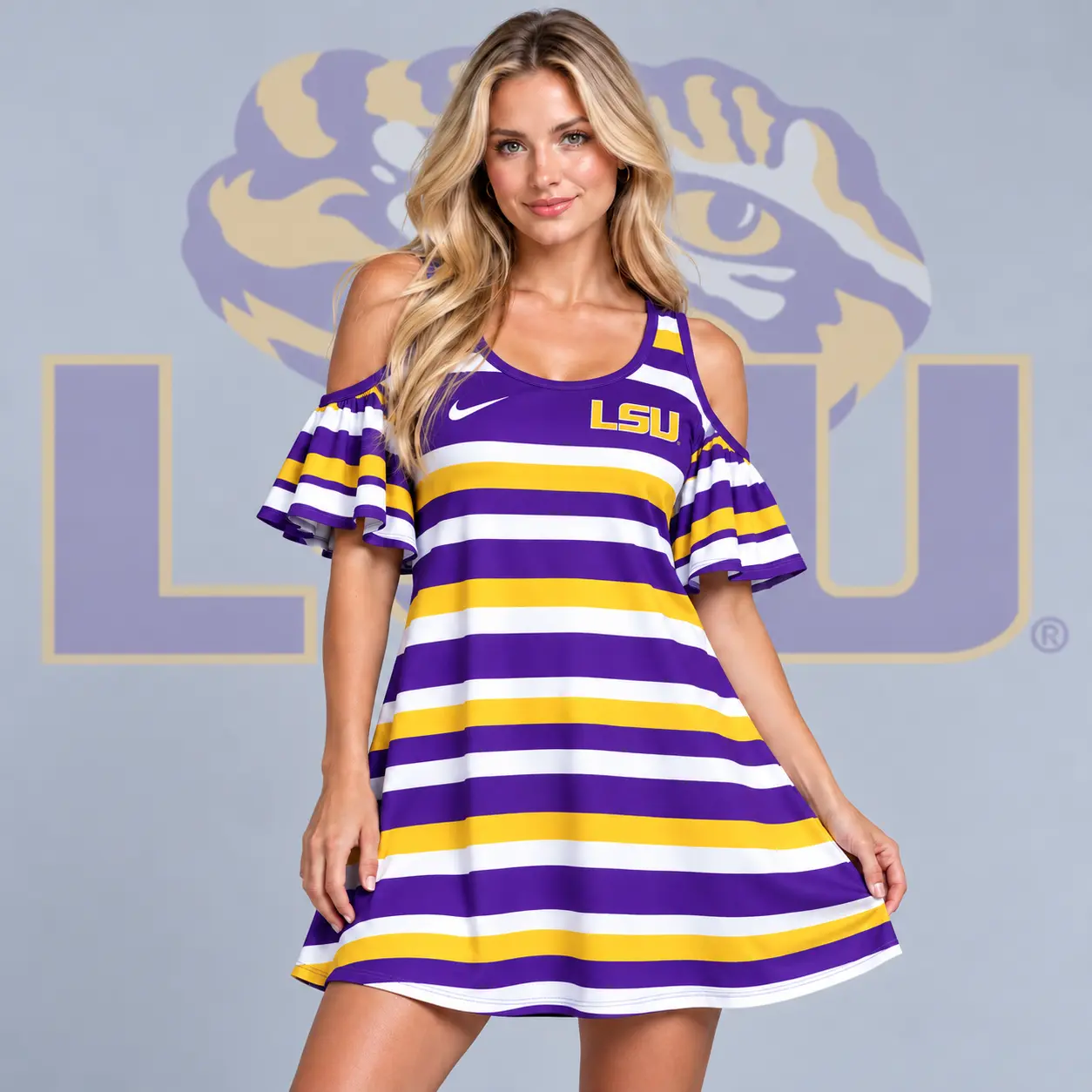 Lsu Tigers | Premium NCAA Women's Casual Striped Cold Shoulder Ruffle Sleeve A Line Mini Dress NDN