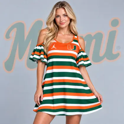 Miami Hurricanes | Premium NCAA Women's Casual Striped Cold Shoulder Ruffle Sleeve A Line Mini Dress NDN