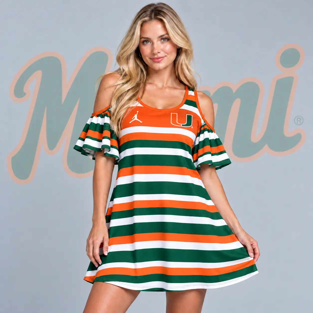 Miami Hurricanes | Premium NCAA Women's Casual Striped Cold Shoulder Ruffle Sleeve A Line Mini Dress NDN