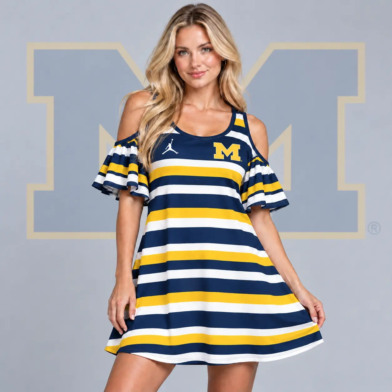 Michigan Wolverines | Premium NCAA Women's Casual Striped Cold Shoulder Ruffle Sleeve A Line Mini Dress NDN