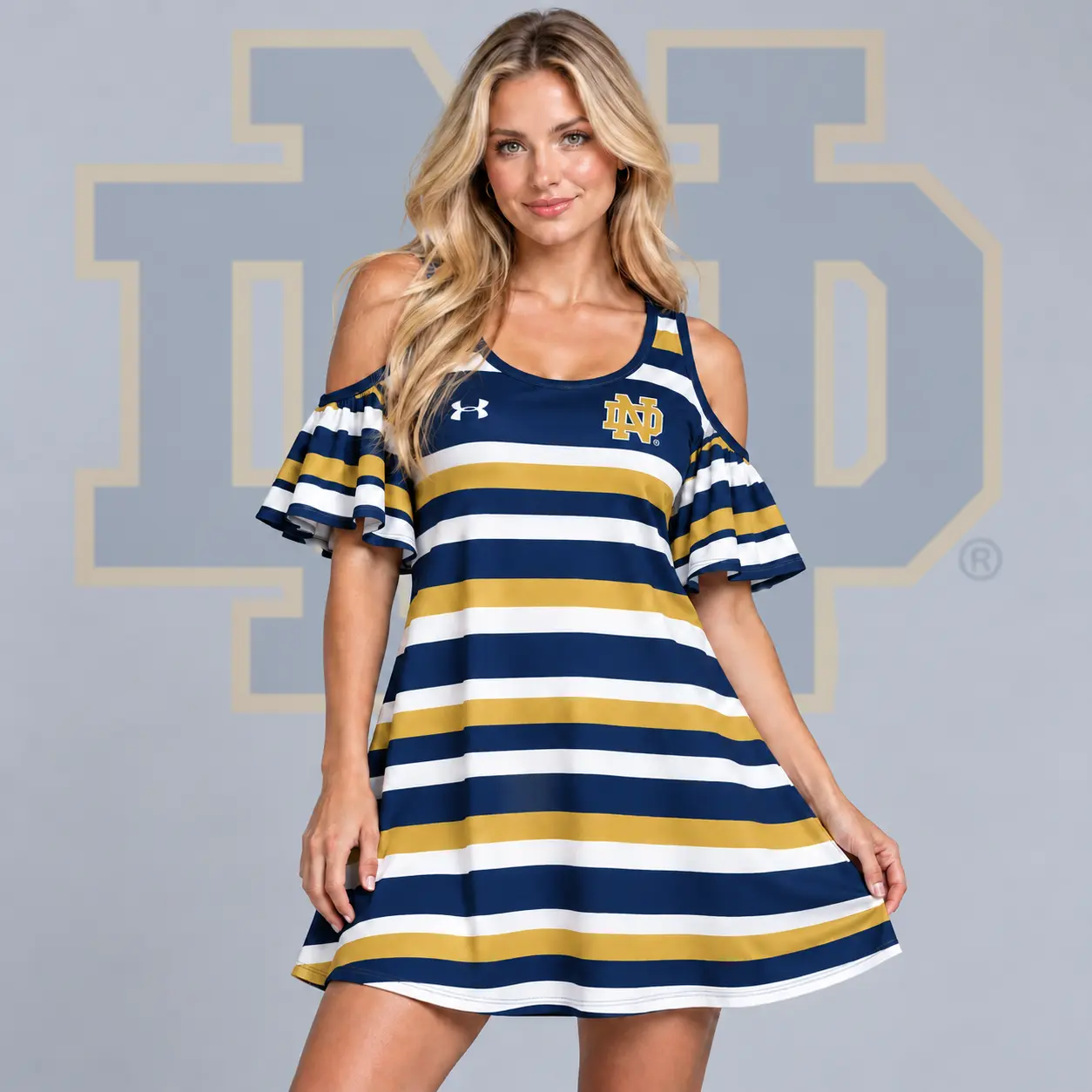 Notre Dame Fighting Irish | Premium NCAA Women's Casual Striped Cold Shoulder Ruffle Sleeve A Line Mini Dress NDN