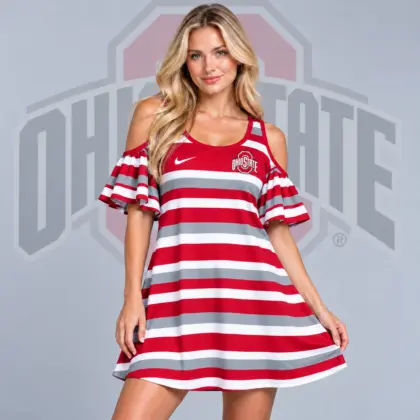 Ohio State Buckeyes | Premium NCAA Women's Casual Striped Cold Shoulder Ruffle Sleeve A Line Mini Dress NDN