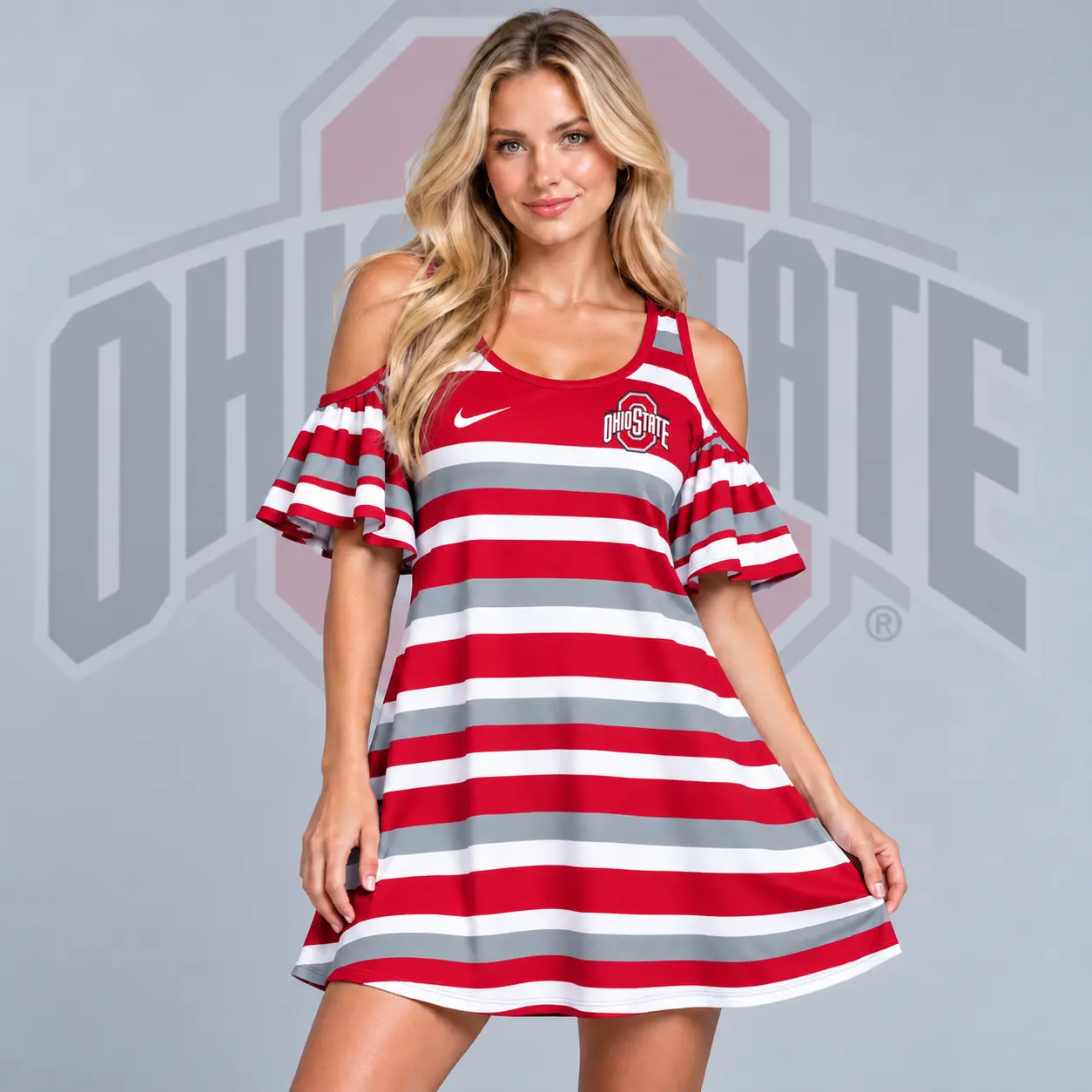 Ohio State Buckeyes | Premium NCAA Women's Casual Striped Cold Shoulder Ruffle Sleeve A Line Mini Dress NDN