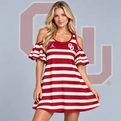 Oklahoma Sooners | Premium NCAA Women's Casual Striped Cold Shoulder Ruffle Sleeve A Line Mini Dress NDN