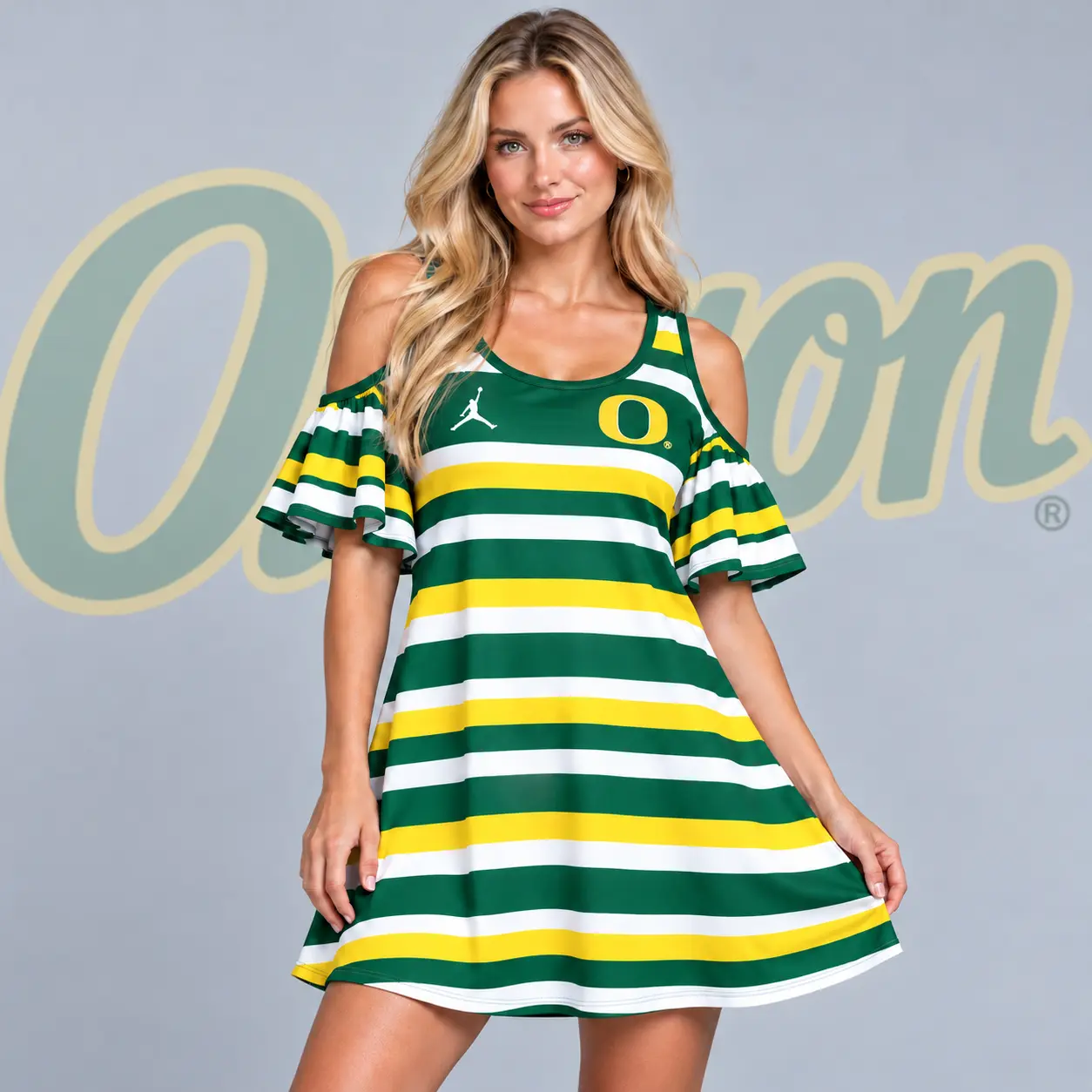 Oregon Ducks | Premium NCAA Women's Casual Striped Cold Shoulder Ruffle Sleeve A Line Mini Dress NDN