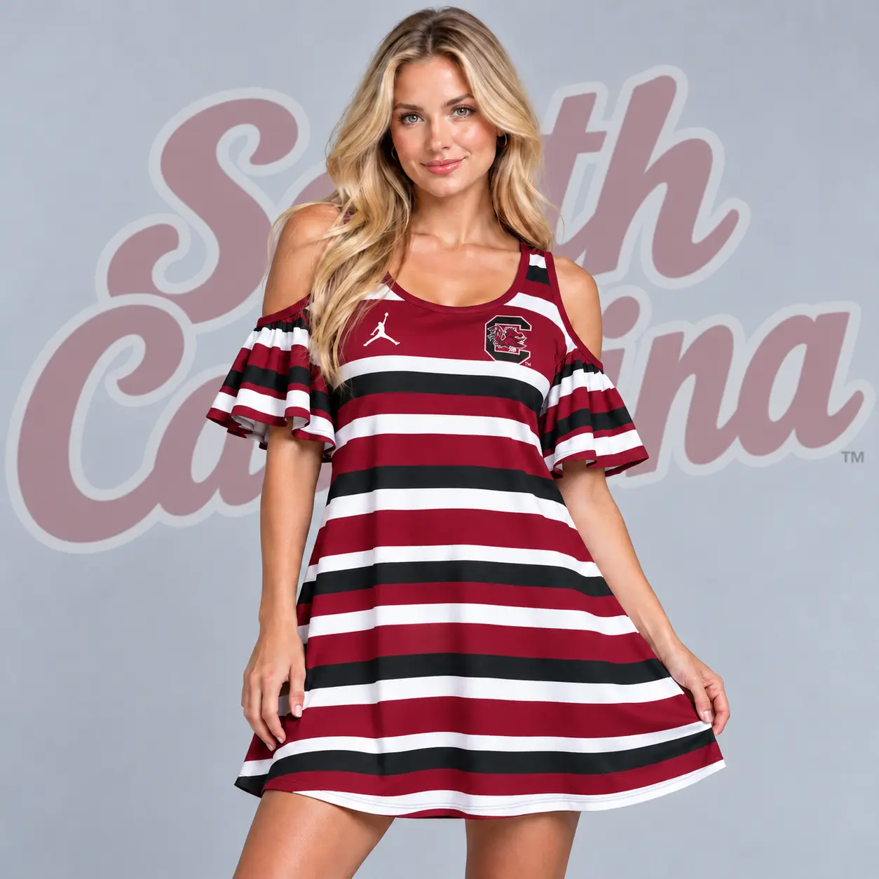 South Carolina Gamecocks | Premium NCAA Women's Casual Striped Cold Shoulder Ruffle Sleeve A Line Mini Dress NDN