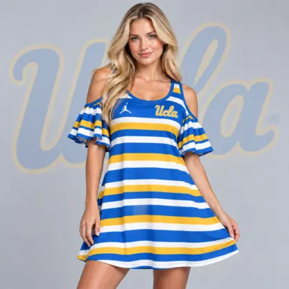 Ucla Bruins | Premium NCAA Women's Casual Striped Cold Shoulder Ruffle Sleeve A Line Mini Dress NDN