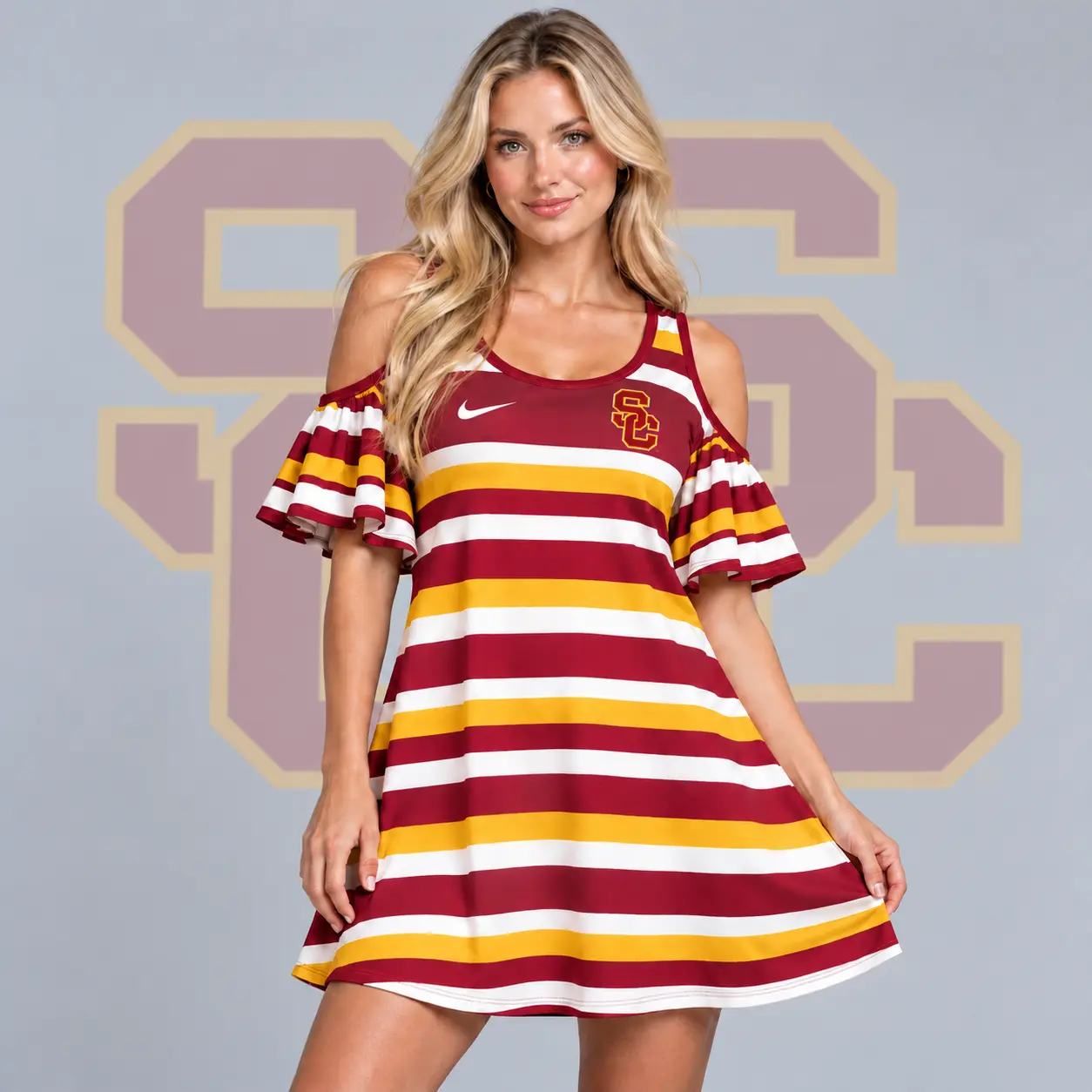 Usc Trojans | Premium NCAA Women's Casual Striped Cold Shoulder Ruffle Sleeve A Line Mini Dress NDN