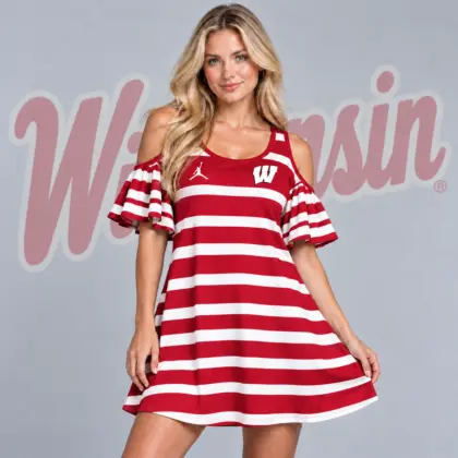 Wisconsin Badgers | Premium NCAA Women's Casual Striped Cold Shoulder Ruffle Sleeve A Line Mini Dress NDN