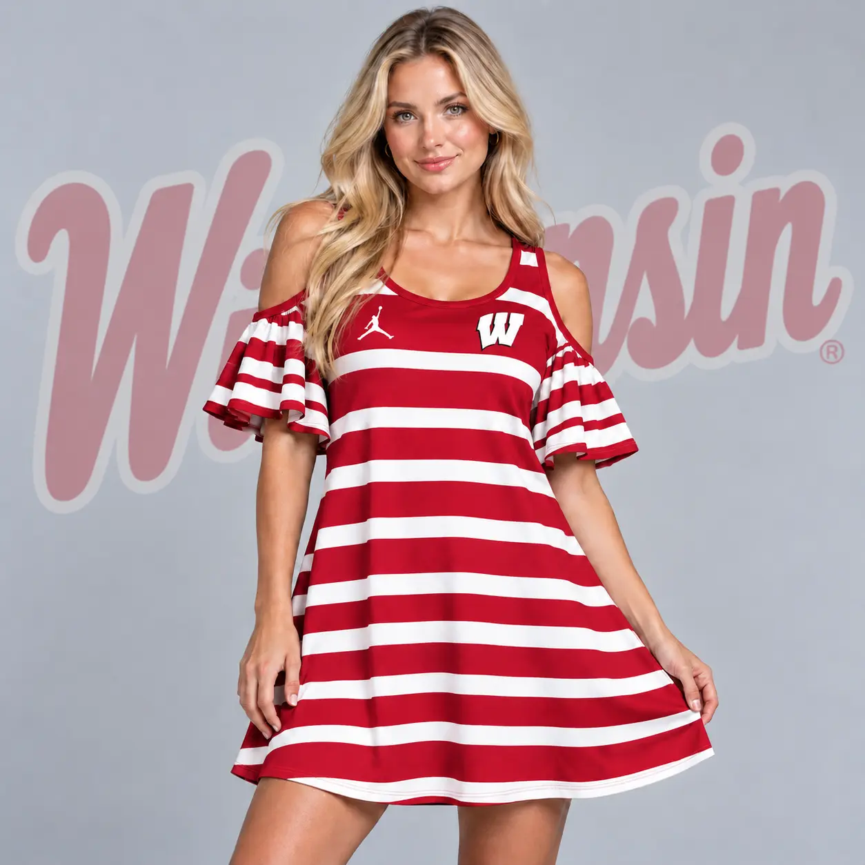 Wisconsin Badgers | Premium NCAA Women's Casual Striped Cold Shoulder Ruffle Sleeve A Line Mini Dress NDN