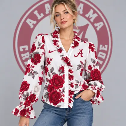 Alabama Crimson Tide | Premium NCAA Women's Elegant Rose Floral Print Ruffle Neck Button Up Long Sleeve Blouse NDN