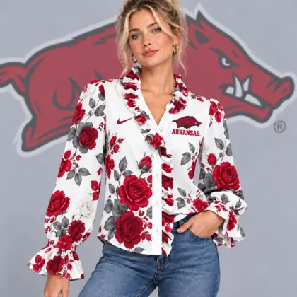 Arkansas Razorbacks | Premium NCAA Women's Elegant Rose Floral Print Ruffle Neck Button Up Long Sleeve Blouse NDN