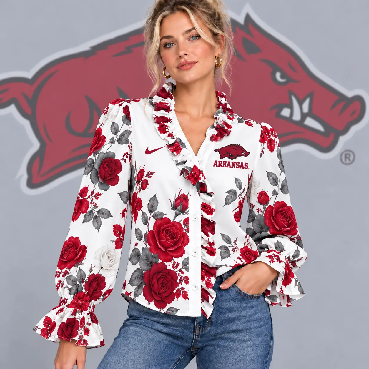 Arkansas Razorbacks | Premium NCAA Women's Elegant Rose Floral Print Ruffle Neck Button Up Long Sleeve Blouse NDN