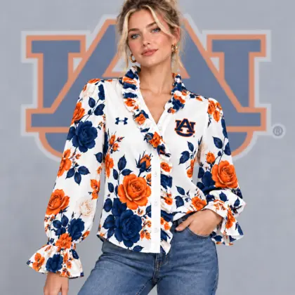 Auburn Tigers | Premium NCAA Women's Elegant Rose Floral Print Ruffle Neck Button Up Long Sleeve Blouse NDN