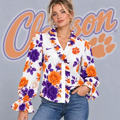 Clemson Tigers | Premium NCAA Women's Elegant Rose Floral Print Ruffle Neck Button Up Long Sleeve Blouse NDN