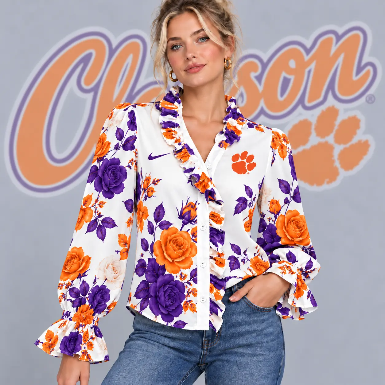 Clemson Tigers | Premium NCAA Women's Elegant Rose Floral Print Ruffle Neck Button Up Long Sleeve Blouse NDN