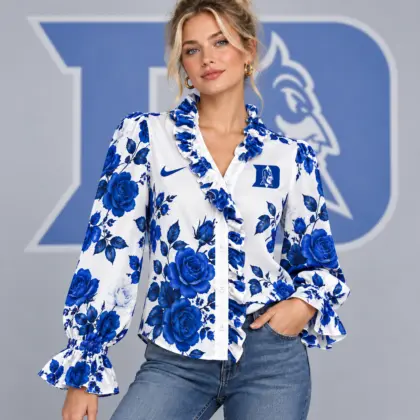 Duke Blue Devils | Premium NCAA Women's Elegant Rose Floral Print Ruffle Neck Button Up Long Sleeve Blouse NDN