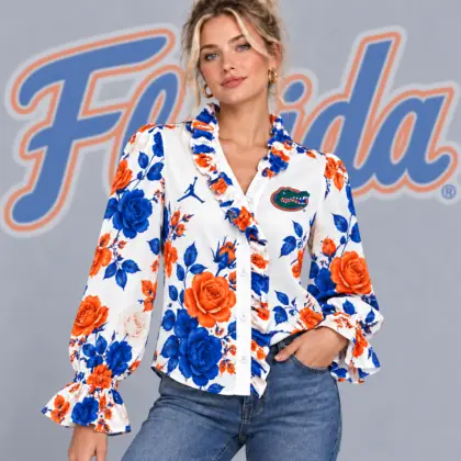 Florida Gators | Premium NCAA Women's Elegant Rose Floral Print Ruffle Neck Button Up Long Sleeve Blouse NDN