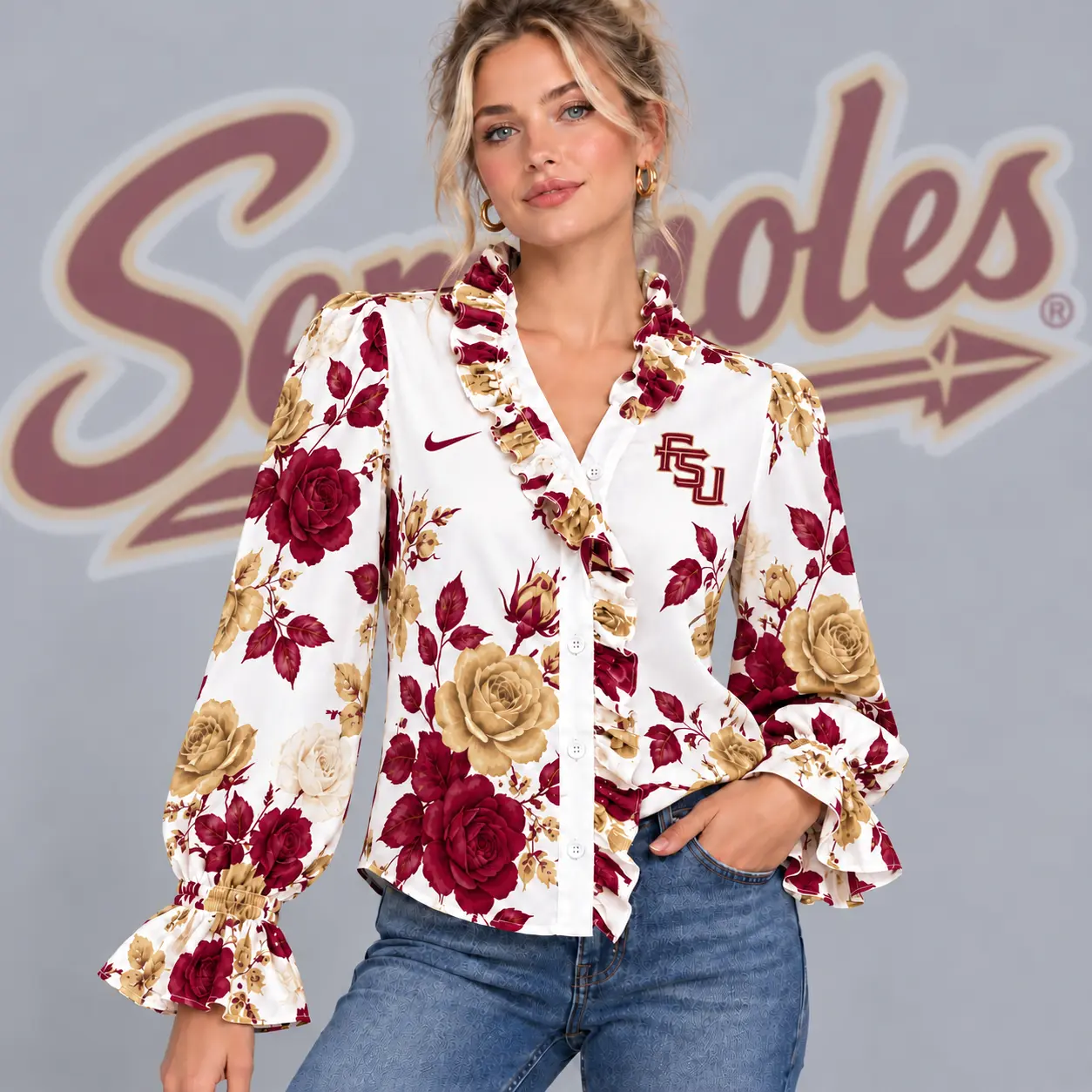 Florida State Seminoles | Premium NCAA Women's Elegant Rose Floral Print Ruffle Neck Button Up Long Sleeve Blouse NDN