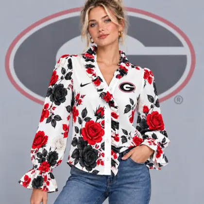 Georgia Bulldogs | Premium NCAA Women's Elegant Rose Floral Print Ruffle Neck Button Up Long Sleeve Blouse NDN
